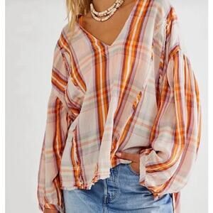 NWOT We The Free Solstice Plaid Blouse | ITan/Orange | Size XS (oversized)